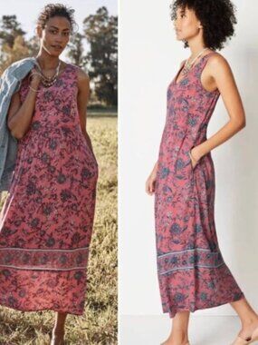 J. JILL Dreamscape Border-Print Maxi Dress Pink Paisley Floral Boho Lrg Petite